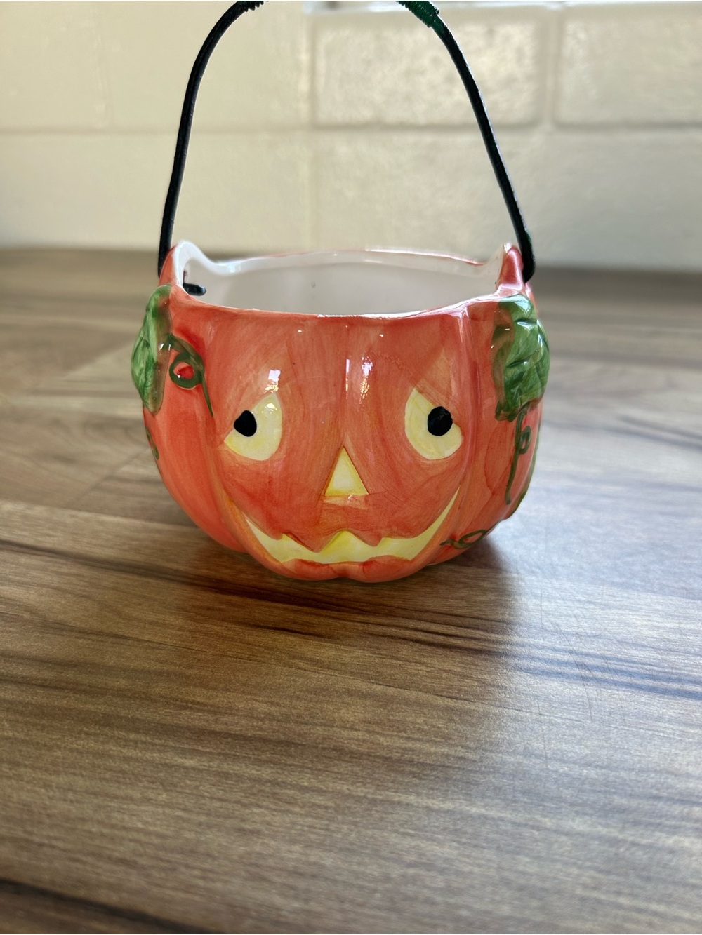 Hand-Painted Ceramic Pumpkin Candy Bucket - Orange